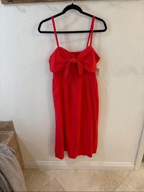 Bright Coral Tie-Front midi dress w/Spaghetti Straps. (Photo pulls more red)